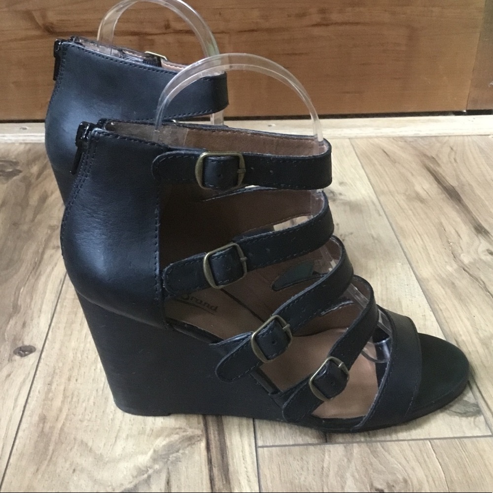 Lucky Brand Reynolds Wedge Sandal Caged Strappy Buckled Leather Open Toe Shoes - Picture 7 of 10